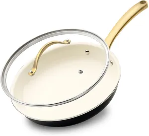 NutriChef 8-Inch Professional Ceramic Frying Pan With Lid - Small Skillet with Golden Titanium Handle, Non-Stick Ceramic Coating, Stain-Resistant, Easy to Clean, Ideal for Home Cooking