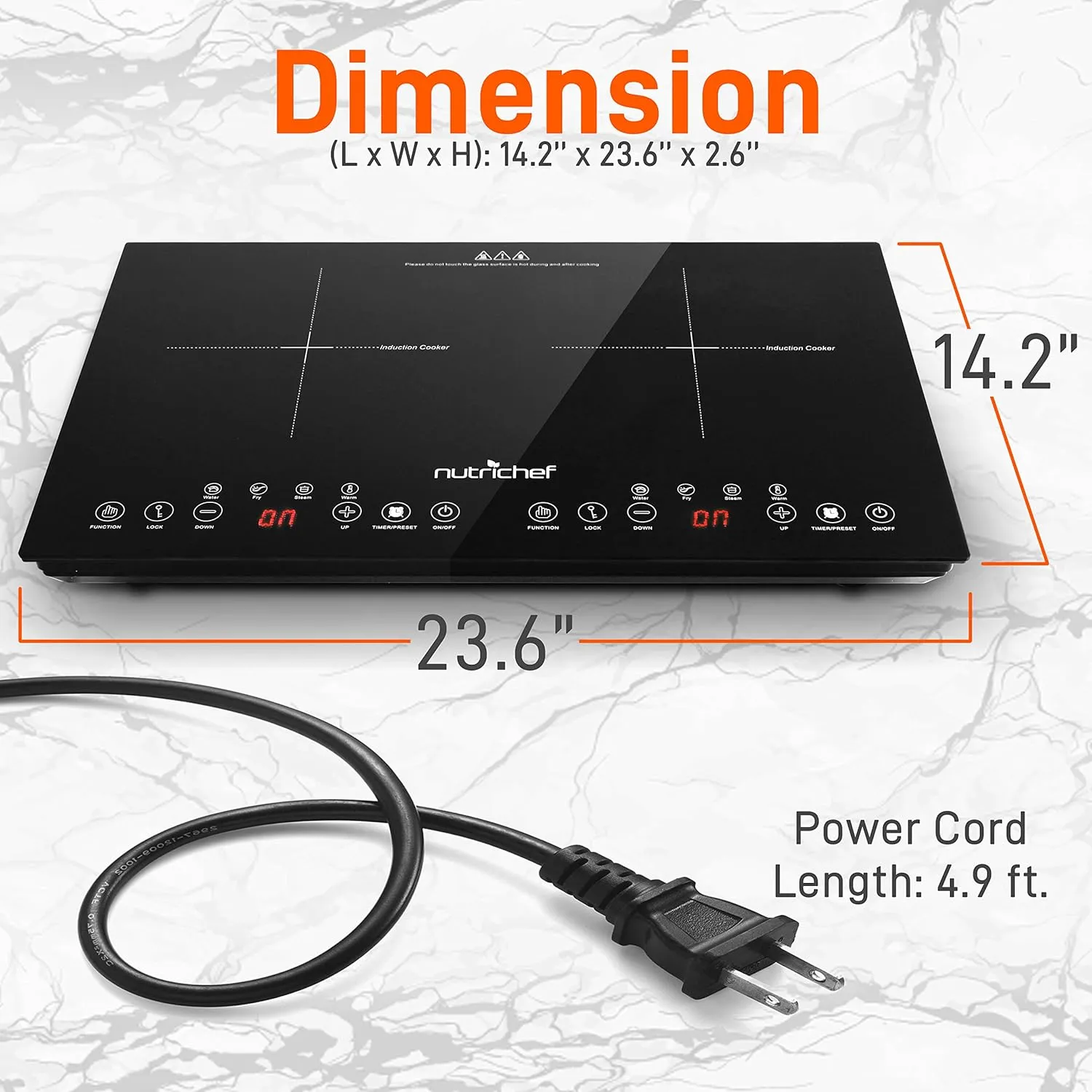 NutriChef Double Induction Cooktop - Portable 120V Digital Ceramic Dual Burner w/ Kids Safety Lock - Works with Flat Cast Iron Pan,1800 Watt,Touch Sensor Control, 12 Controls - PKSTIND48, Black