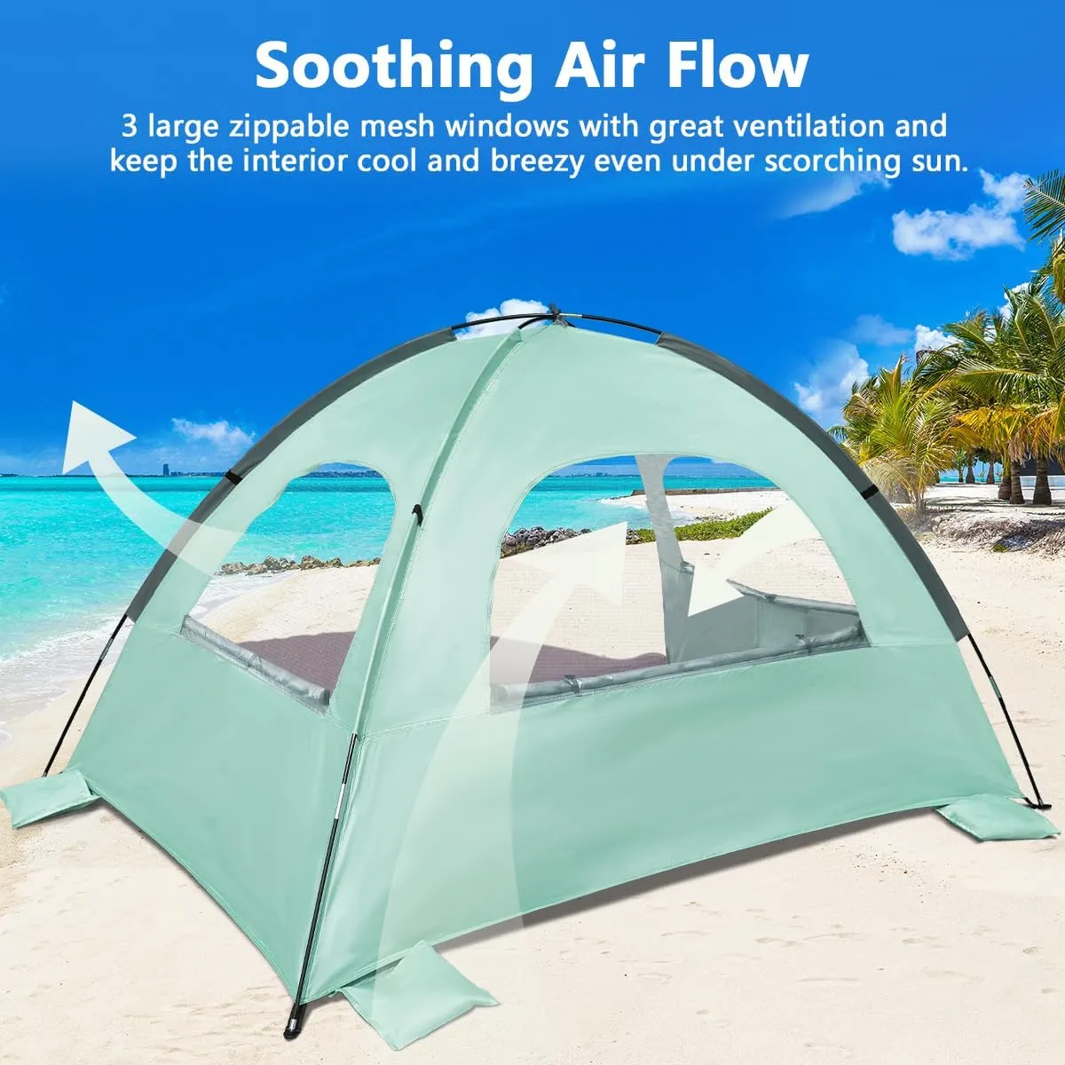 NXONE Beach Tent Sun Shade Shelter for 3/4/6 Person Person with UV Protection, Extended Floor, 3 Mesh Roll Up Windows & 8.0/8.5mm Fiberglass Rods丨Carry Bag Included