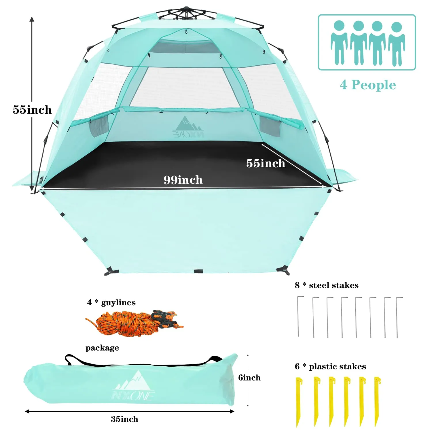 NXONE XL Pop Up Beach Tent, Deluxe Sun Shade Shelter for 4 Person, UPF 50  Protection, Windproof Beach Shade, Extendable Floor with 3 Ventilating Windows Plus Carrying Bag, Stakes and Guy Lines Mint Green