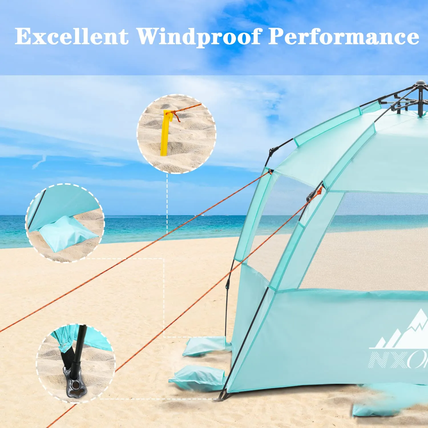 NXONE XL Pop Up Beach Tent, Deluxe Sun Shade Shelter for 4 Person, UPF 50  Protection, Windproof Beach Shade, Extendable Floor with 3 Ventilating Windows Plus Carrying Bag, Stakes and Guy Lines Mint Green