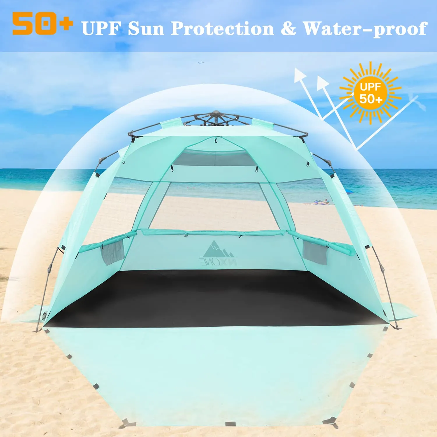 NXONE XL Pop Up Beach Tent, Deluxe Sun Shade Shelter for 4 Person, UPF 50  Protection, Windproof Beach Shade, Extendable Floor with 3 Ventilating Windows Plus Carrying Bag, Stakes and Guy Lines Mint Green