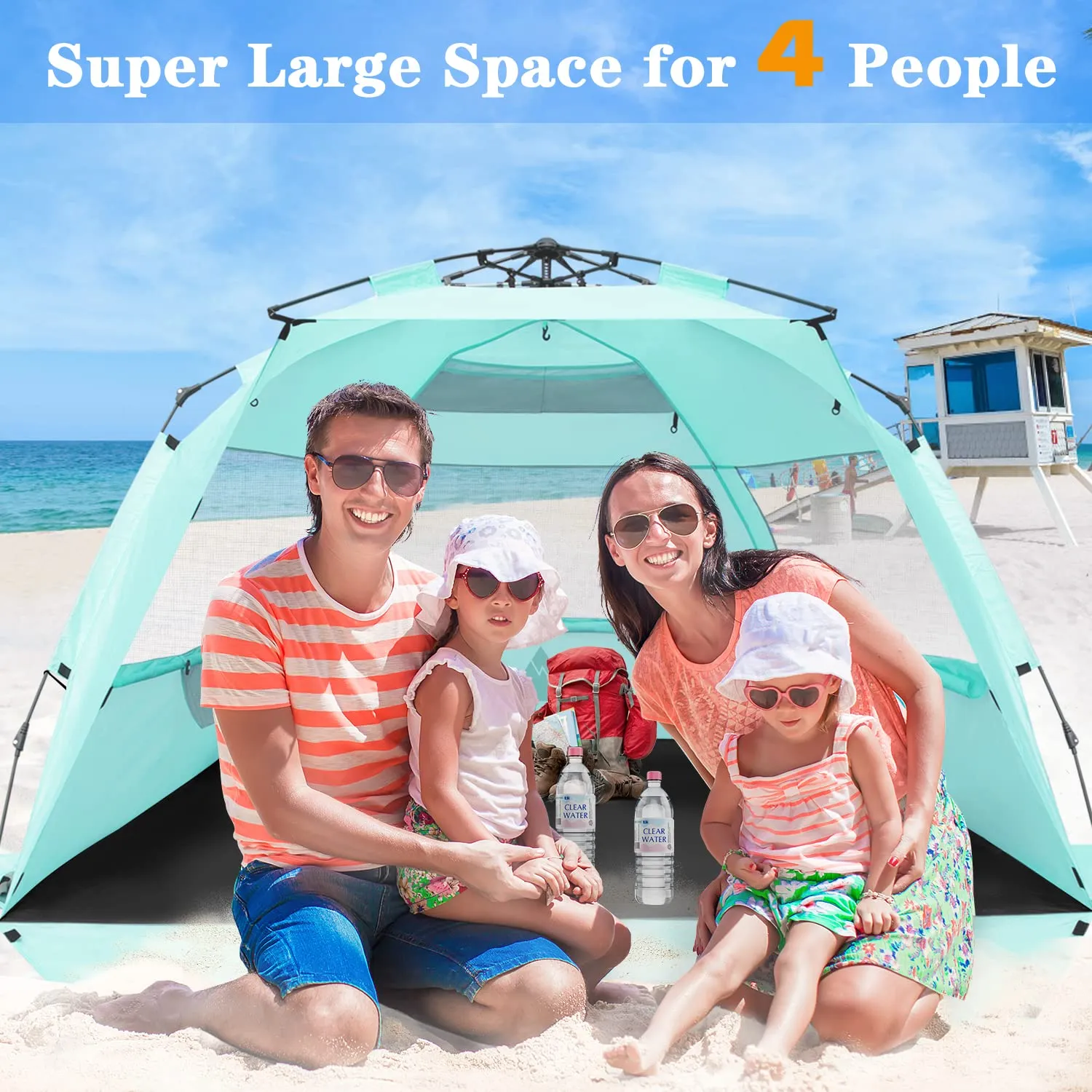 NXONE XL Pop Up Beach Tent, Deluxe Sun Shade Shelter for 4 Person, UPF 50  Protection, Windproof Beach Shade, Extendable Floor with 3 Ventilating Windows Plus Carrying Bag, Stakes and Guy Lines Mint Green