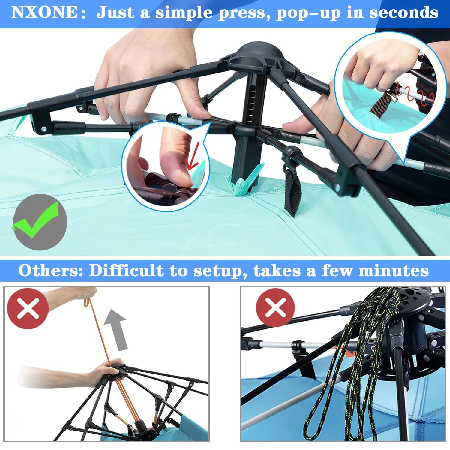 NXONE XL Pop Up Beach Tent, Deluxe Sun Shade Shelter for 4 Person, UPF 50  Protection, Windproof Beach Shade, Extendable Floor with 3 Ventilating Windows Plus Carrying Bag, Stakes and Guy Lines Mint Green