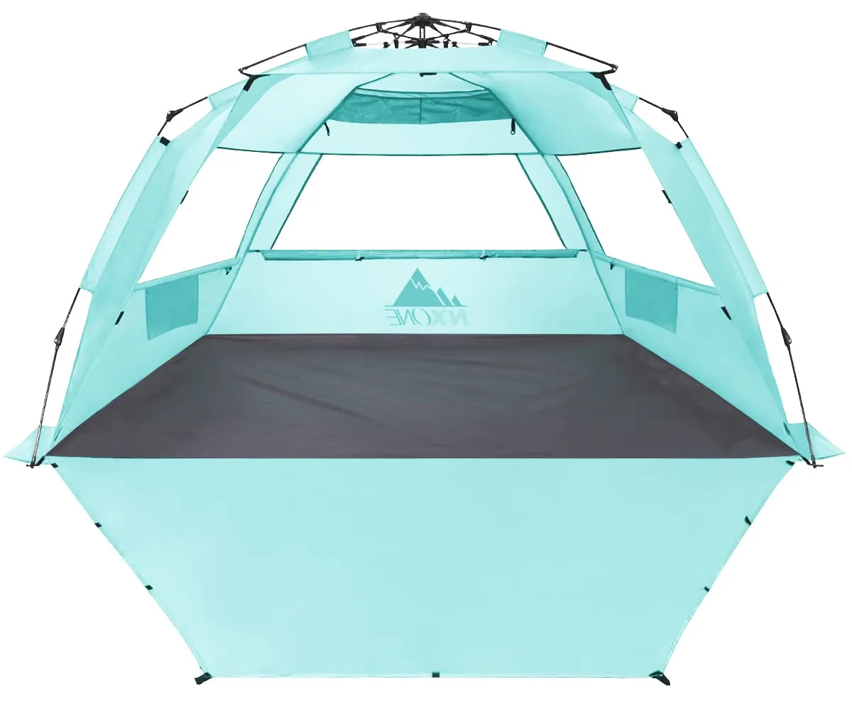 NXONE XL Pop Up Beach Tent, Deluxe Sun Shade Shelter for 4 Person, UPF 50  Protection, Windproof Beach Shade, Extendable Floor with 3 Ventilating Windows Plus Carrying Bag, Stakes and Guy Lines Mint Green