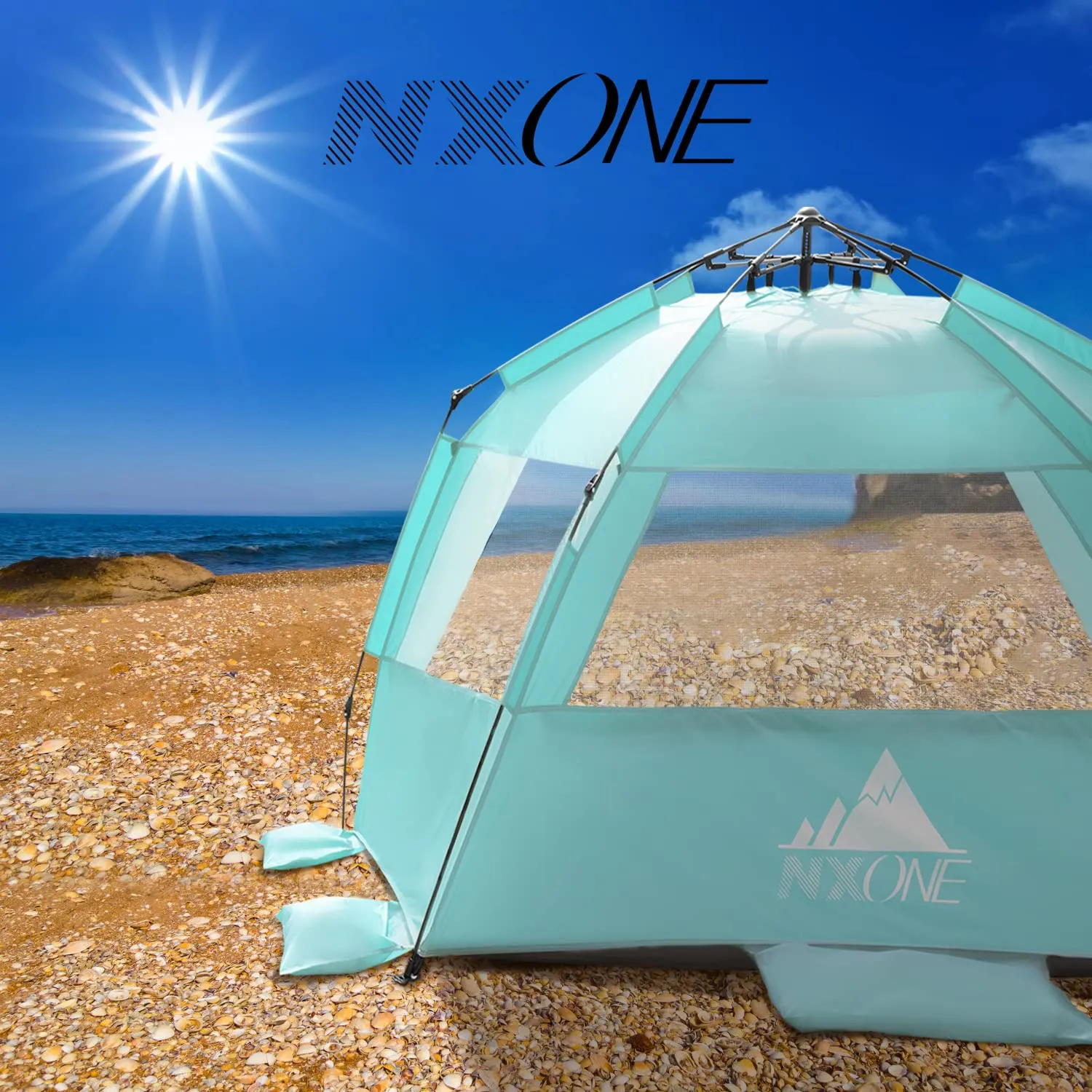 NXONE XL Pop Up Beach Tent, Deluxe Sun Shade Shelter for 4 Person, UPF 50  Protection, Windproof Beach Shade, Extendable Floor with 3 Ventilating Windows Plus Carrying Bag, Stakes and Guy Lines Mint Green