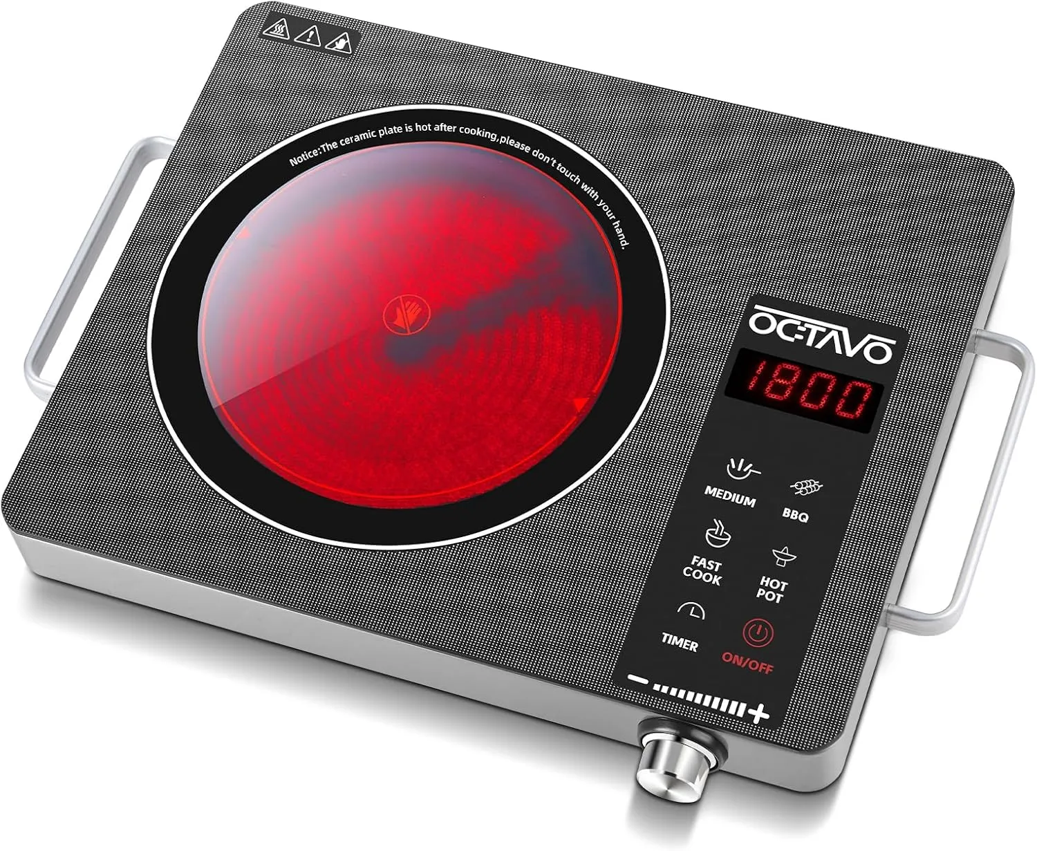 OCTAVO 1800 Watt Portable Infrared Burner, electric burner with 4 Hours Timer, Electric Hot Plate Touch Control Panel Adjustable Heating Power, Glass Cooktop for Cooking
