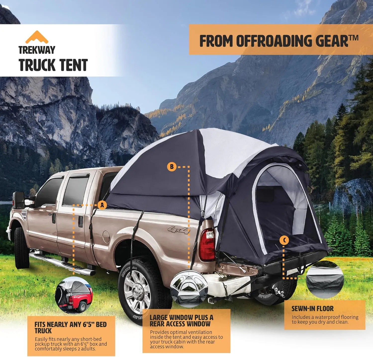 Offroading Gear 6.5ft Truck Bed | Tailgate Camping Tent | Waterproof | Compatible with F150| Ram| Sierra| GMC| Nissan| Etc.