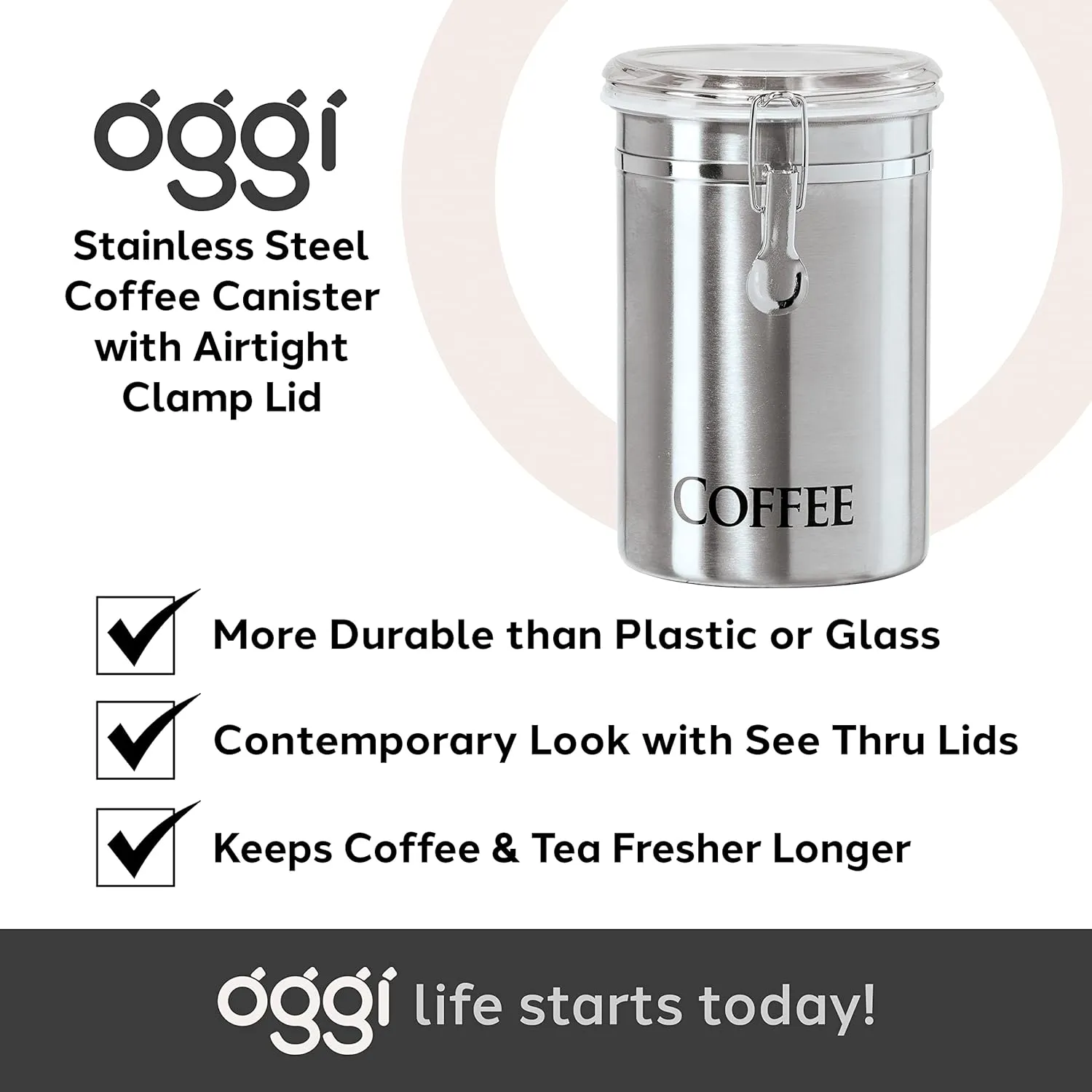 Oggi Stainless Steel Coffee Canister 62 fl oz - Airtight Clamp Lid, Clear See-Thru Top - Ideal for Coffee Bean Storage, Ground Coffee Storage, Kitchen Storage, Pantry Storage. Large Size 5" x 7.5".