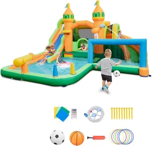 OLAKIDS Inflatable Water Slide, 9 in 1 Bounce House Water Park with Soccer Gate 2 Slides Splash Pool Water Gun Basketball Rim, Outdoor Inflatable Obstacle Course for Kids Backyard (Without 735W)