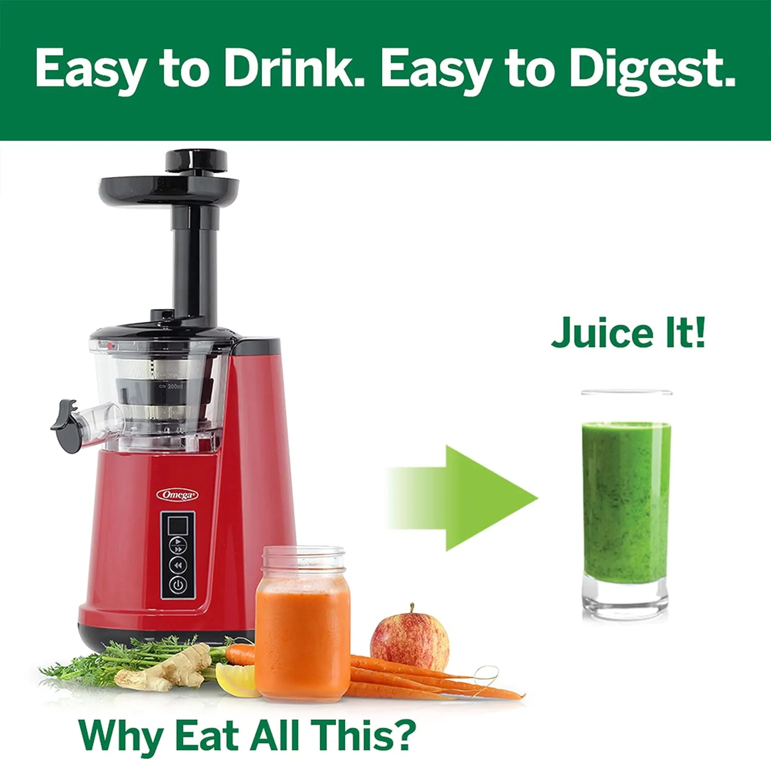 Omega Juicer Cold Press 365 Vertical Slow Masticating Extractor for Fruits and Vegetables, BPA-Free, 65 RPM, 150-Watts, Red