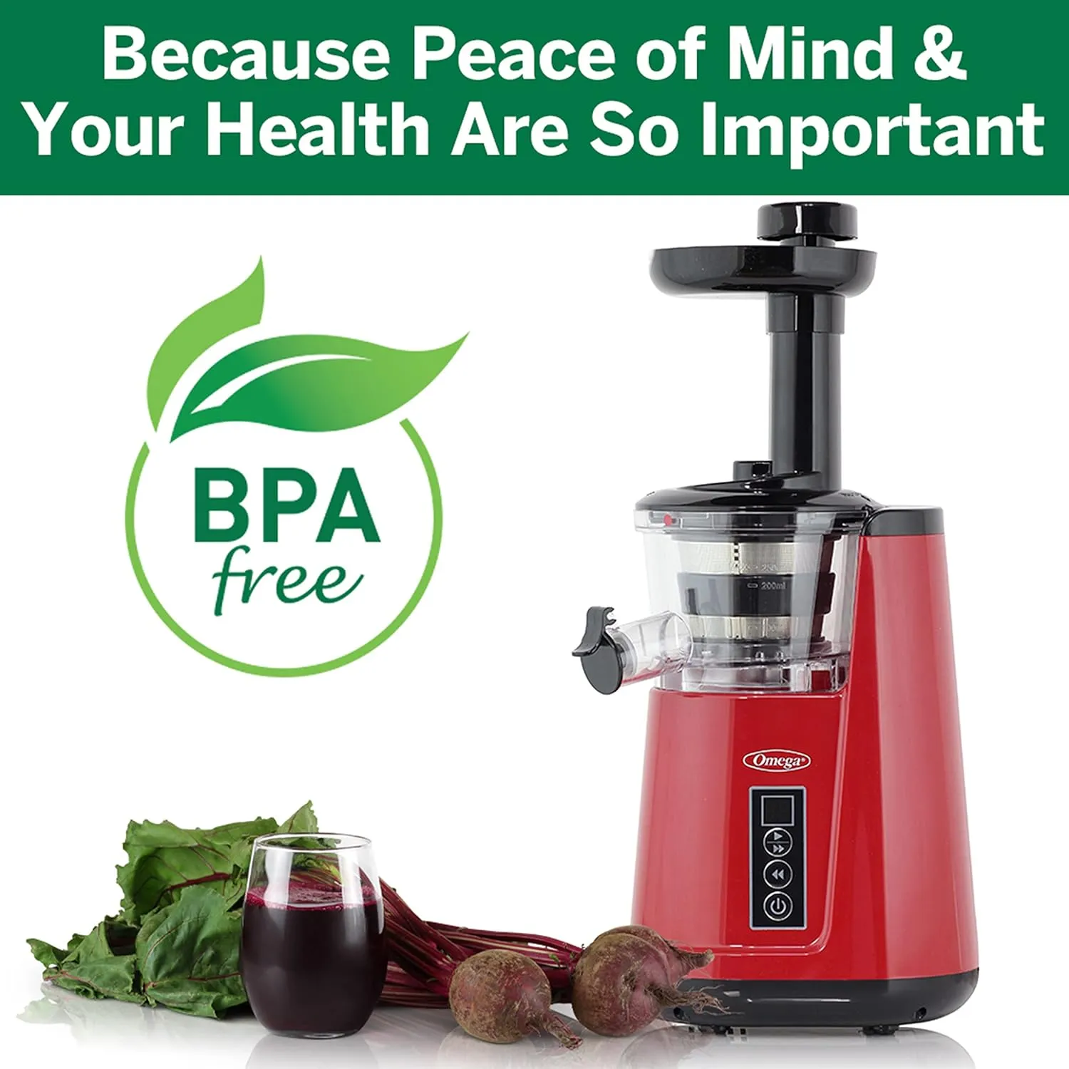Omega Juicer Cold Press 365 Vertical Slow Masticating Extractor for Fruits and Vegetables, BPA-Free, 65 RPM, 150-Watts, Red