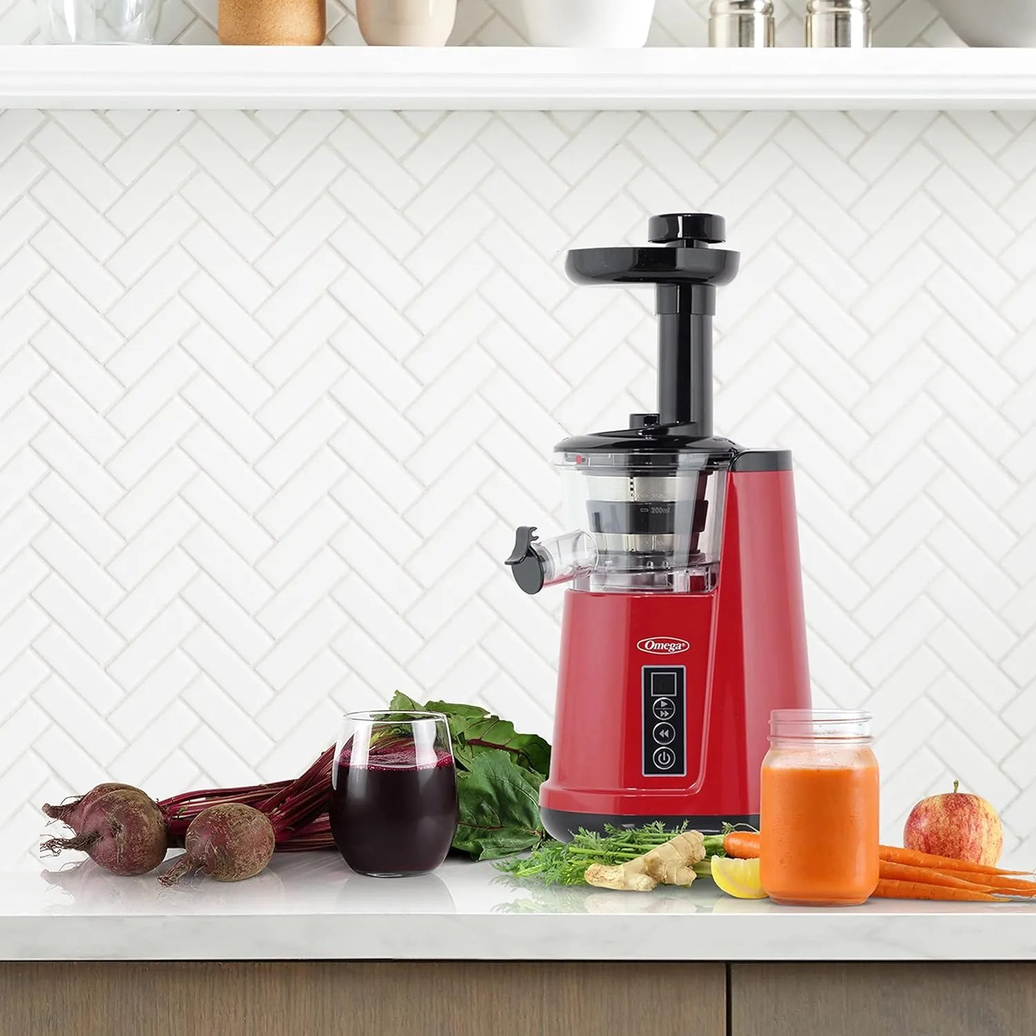 Omega Juicer Cold Press 365 Vertical Slow Masticating Extractor for Fruits and Vegetables, BPA-Free, 65 RPM, 150-Watts, Red