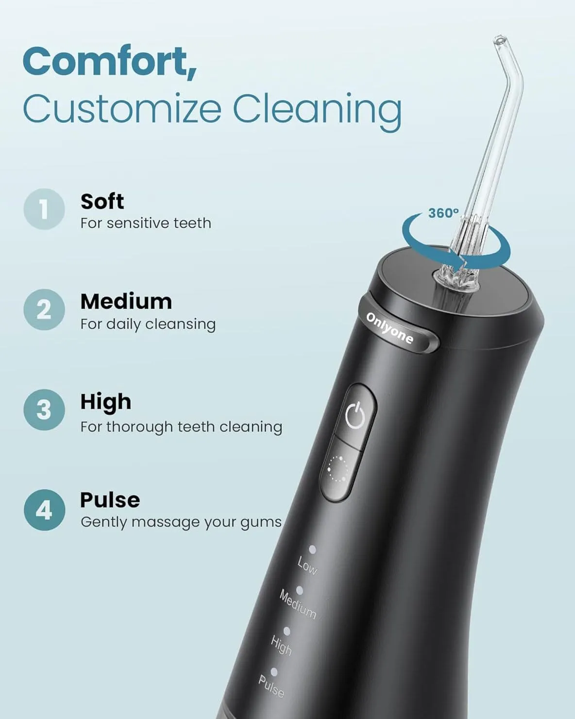 Onlyone Water Dental Flosser, 300ML Portable Oral Irrigator for Teeth, 4 Modes and 5 Jet Tips,Rechargeable Irrigation Cleaner,Electric Flossing Machine Power Flossers & Irrigator Accessories Black