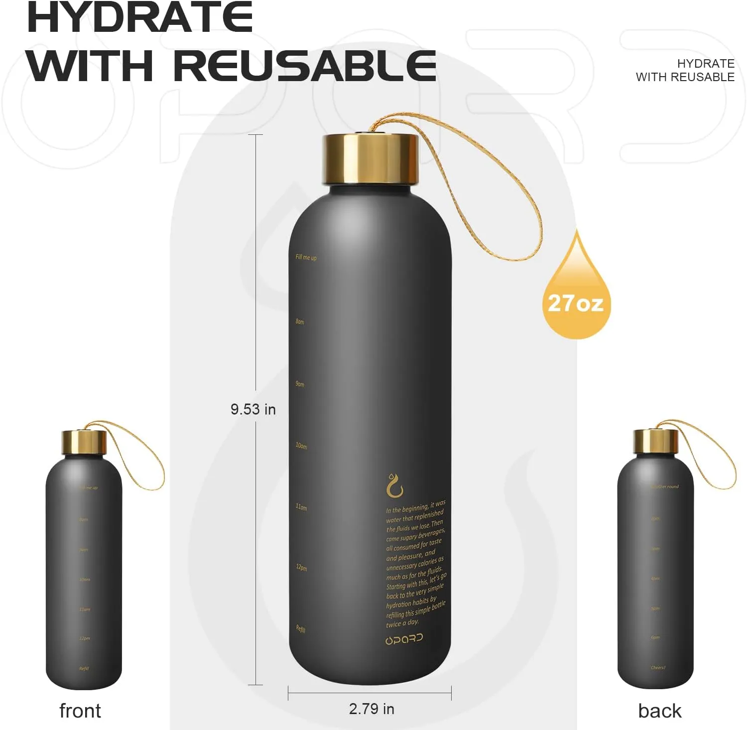 Opard 27oz/32oz Motivational Water Bottle with Time Marker to Drink, Reusable Plastic Bottle with BPA Free Tritan for Gym and Sports