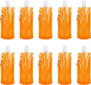 Orange Collapsible Water Bottles Outdoor Portable Folding Water Tank Container Reusable Foldable Drinking Water Bags with Clip for Sports Biking Camping Hiking Travel, 10 Packs
