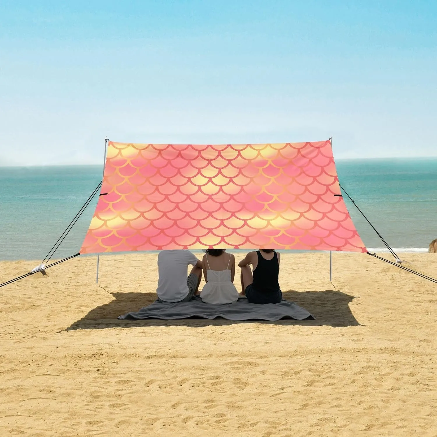 Orange Glitter Fish Scales Beach Canopy Tent Anti-UV & Wind Resistant, Camping Sun Shelter Easy Setup Portable,Outdoor Shade Tents with Sandbags,Sand Shovels,Ground Pegs & Stability Poles