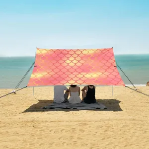 Orange Glitter Fish Scales Beach Canopy Tent Anti-UV & Wind Resistant, Camping Sun Shelter Easy Setup Portable,Outdoor Shade Tents with Sandbags,Sand Shovels,Ground Pegs & Stability Poles