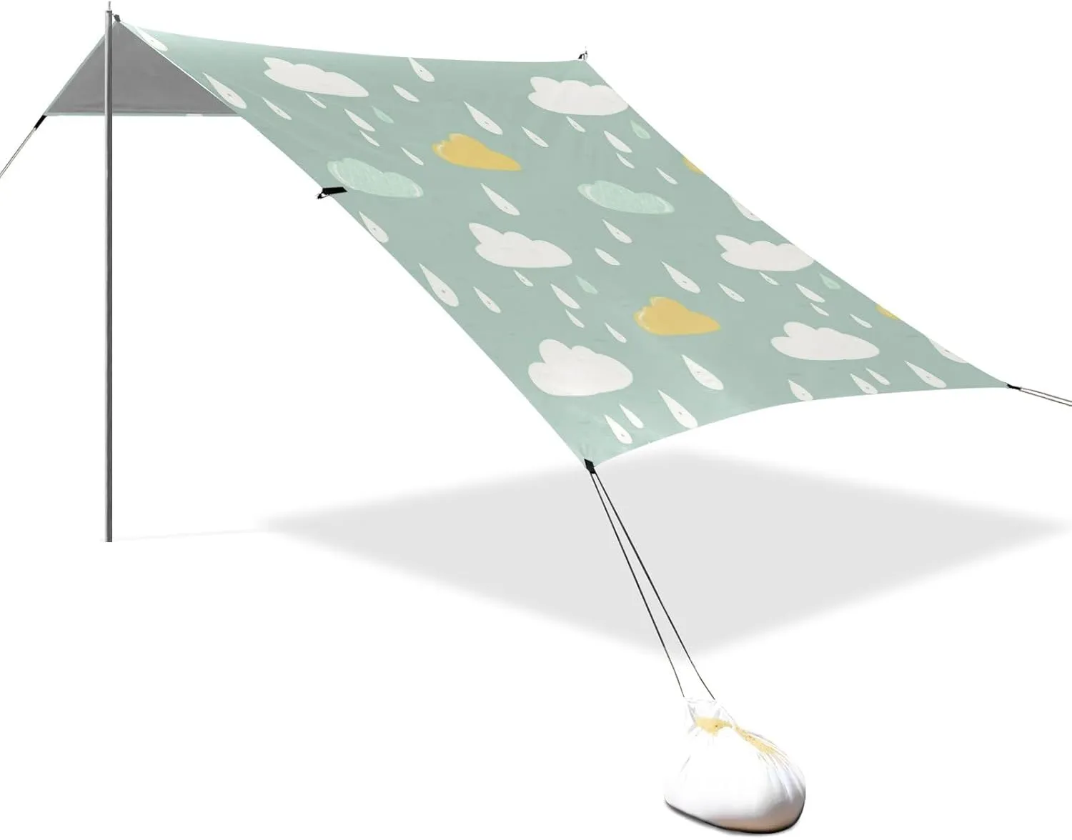 Orange-Green Cartoon Clouds Designed UPF50 Stable Beach Tent Easy Setup Portable Sun Shelter Includes Sand Shovel, Sandbags, Stability Poles for Camping Trips, Fishing, Backyard Fun or Picnics