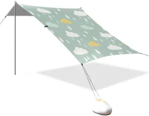 Orange-Green Cartoon Clouds Designed UPF50 Stable Beach Tent Easy Setup Portable Sun Shelter Includes Sand Shovel, Sandbags, Stability Poles for Camping Trips, Fishing, Backyard Fun or Picnics