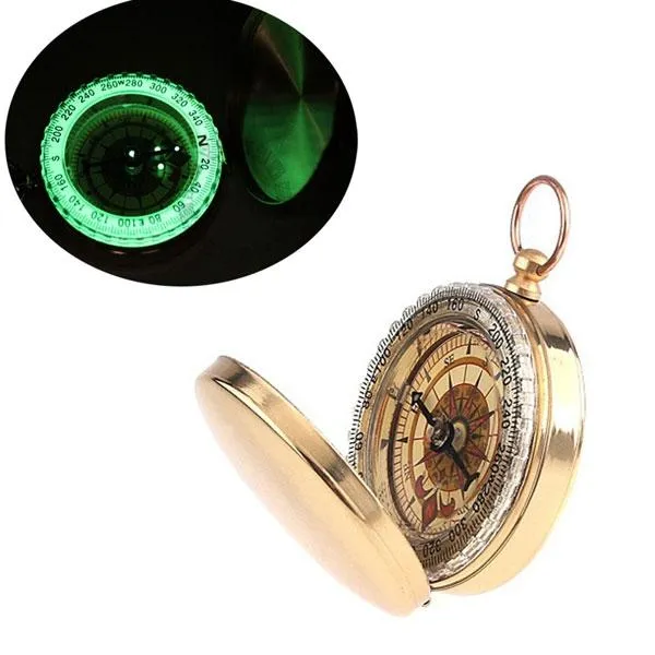 Outdoor Camping Hiking Compass Brass Survival Pocket Compass with Luminous Vintage