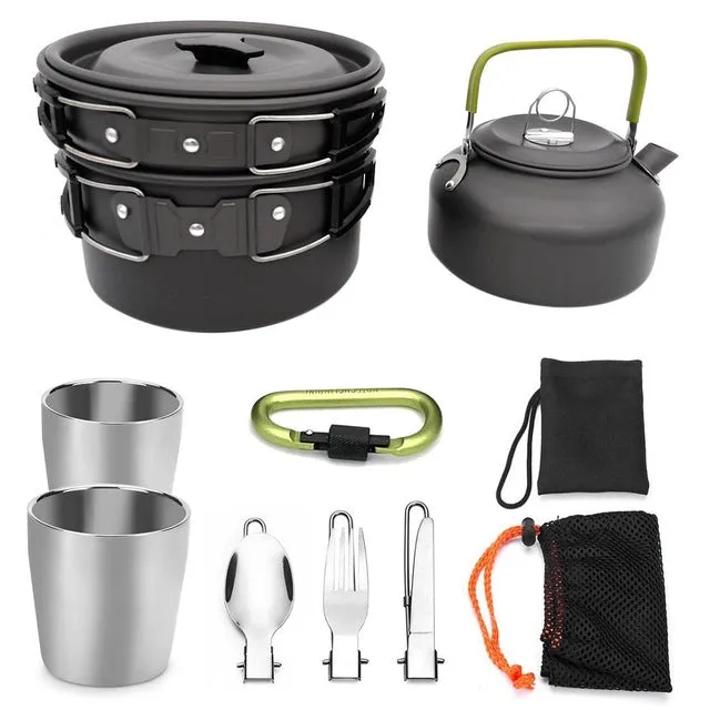 Outdoor Camping Hiking Picnic Teapot Pot Set Portable Cookware Mess Kit Carabiner Camping Cookware Stove With Tea Cup Coffee Cup