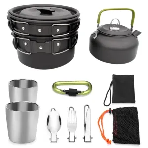 Outdoor Camping Hiking Picnic Teapot Pot Set Portable Cookware Mess Kit Carabiner Camping Cookware Stove With Tea Cup Coffee Cup