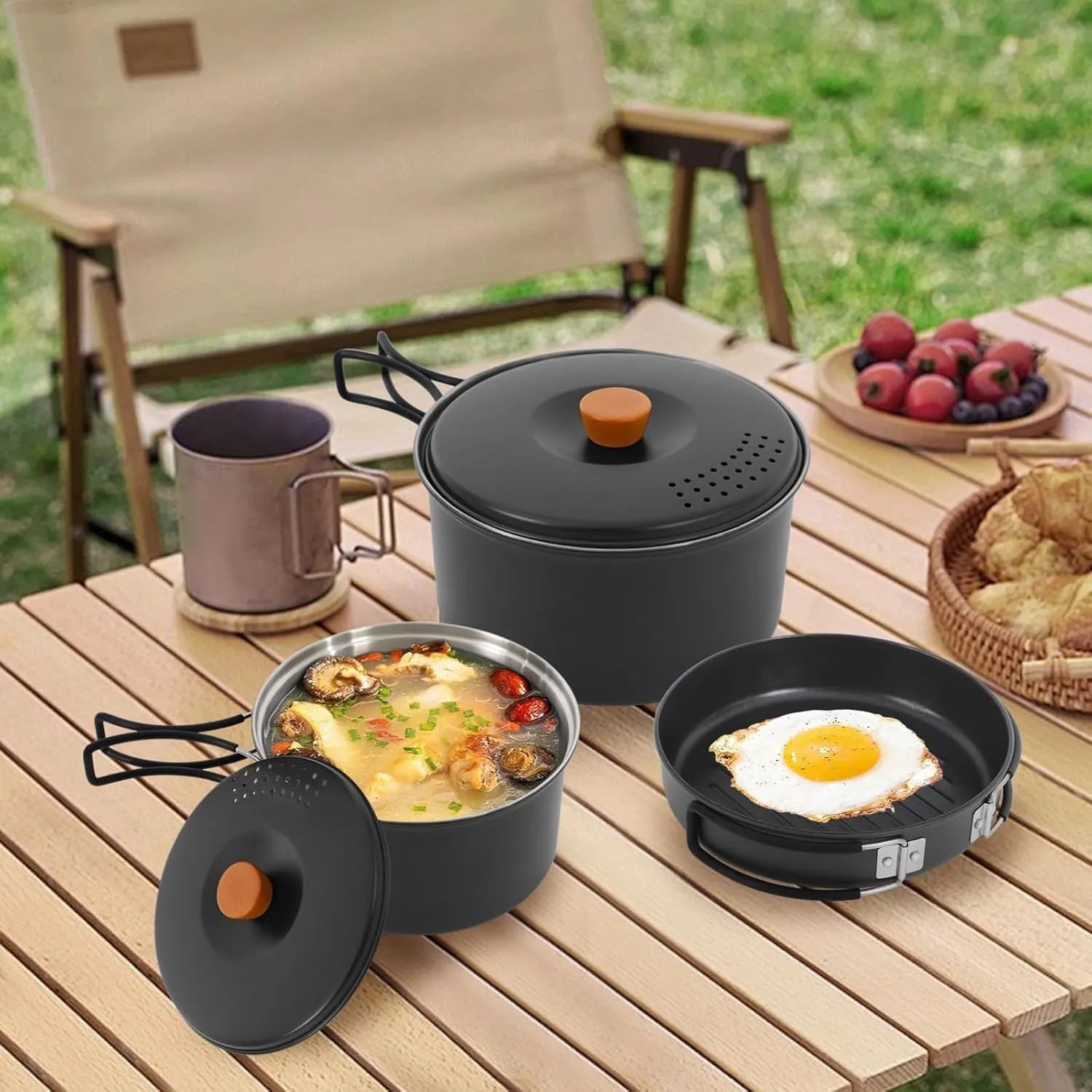 Outdoor Camping Pot Set, 304 Stainless Steel Camping Cookware, 2-3 People High Temperature Resistant Folding Camping Cookware