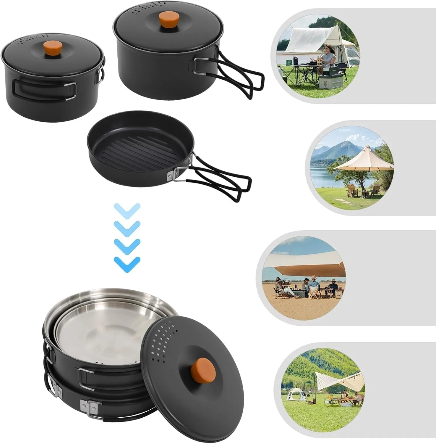 Outdoor Camping Pot Set, 304 Stainless Steel Camping Cookware, 2-3 People High Temperature Resistant Folding Camping Cookware