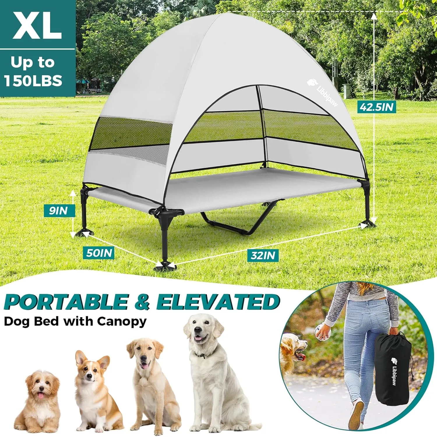 Outdoor Dog Bed with Canopy and 4 Windproof Stakes, Elevated Raised Pet Cot with Removable Shade Tent, Waterproof Design for Large Dogs Camping, Beach, Park, Backyard