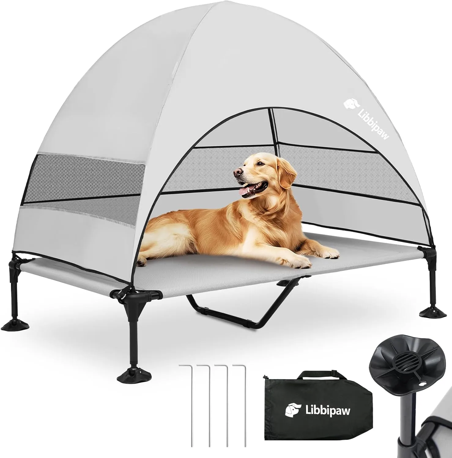 Outdoor Dog Bed with Canopy and 4 Windproof Stakes, Elevated Raised Pet Cot with Removable Shade Tent, Waterproof Design for Large Dogs Camping, Beach, Park, Backyard