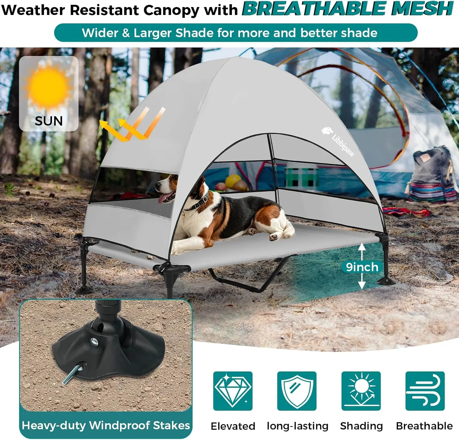 Outdoor Dog Bed with Canopy and 4 Windproof Stakes, Elevated Raised Pet Cot with Removable Shade Tent, Waterproof Design for Large Dogs Camping, Beach, Park, Backyard