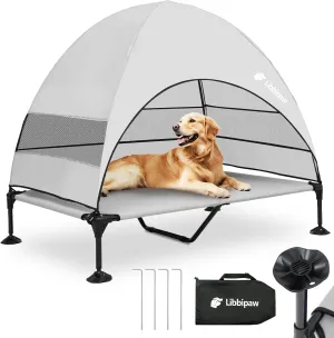 Outdoor Dog Bed with Canopy and 4 Windproof Stakes, Elevated Raised Pet Cot with Removable Shade Tent, Waterproof Design for Large Dogs Camping, Beach, Park, Backyard