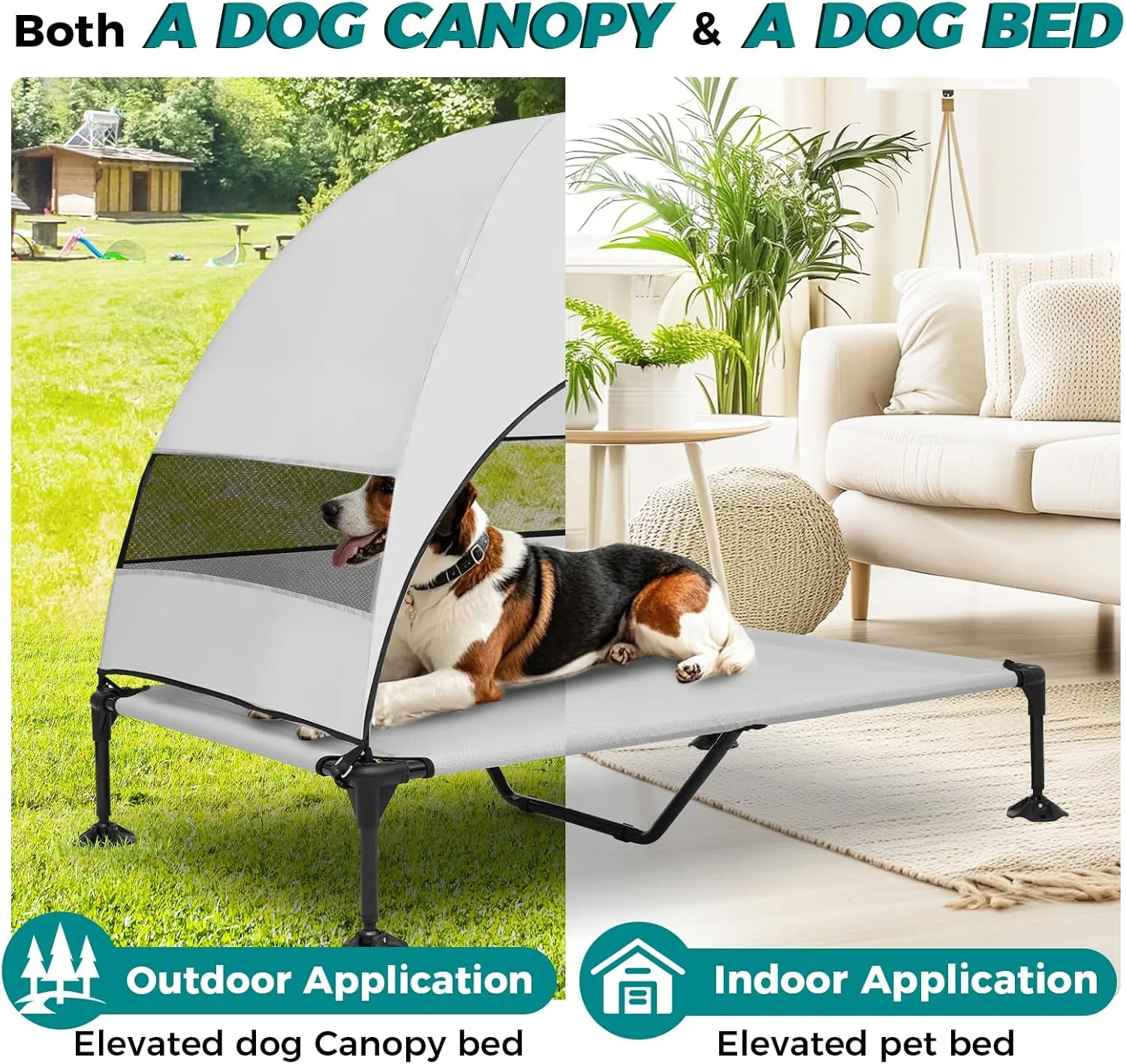 Outdoor Dog Bed with Canopy and 4 Windproof Stakes, Elevated Raised Pet Cot with Removable Shade Tent, Waterproof Design for Large Dogs Camping, Beach, Park, Backyard