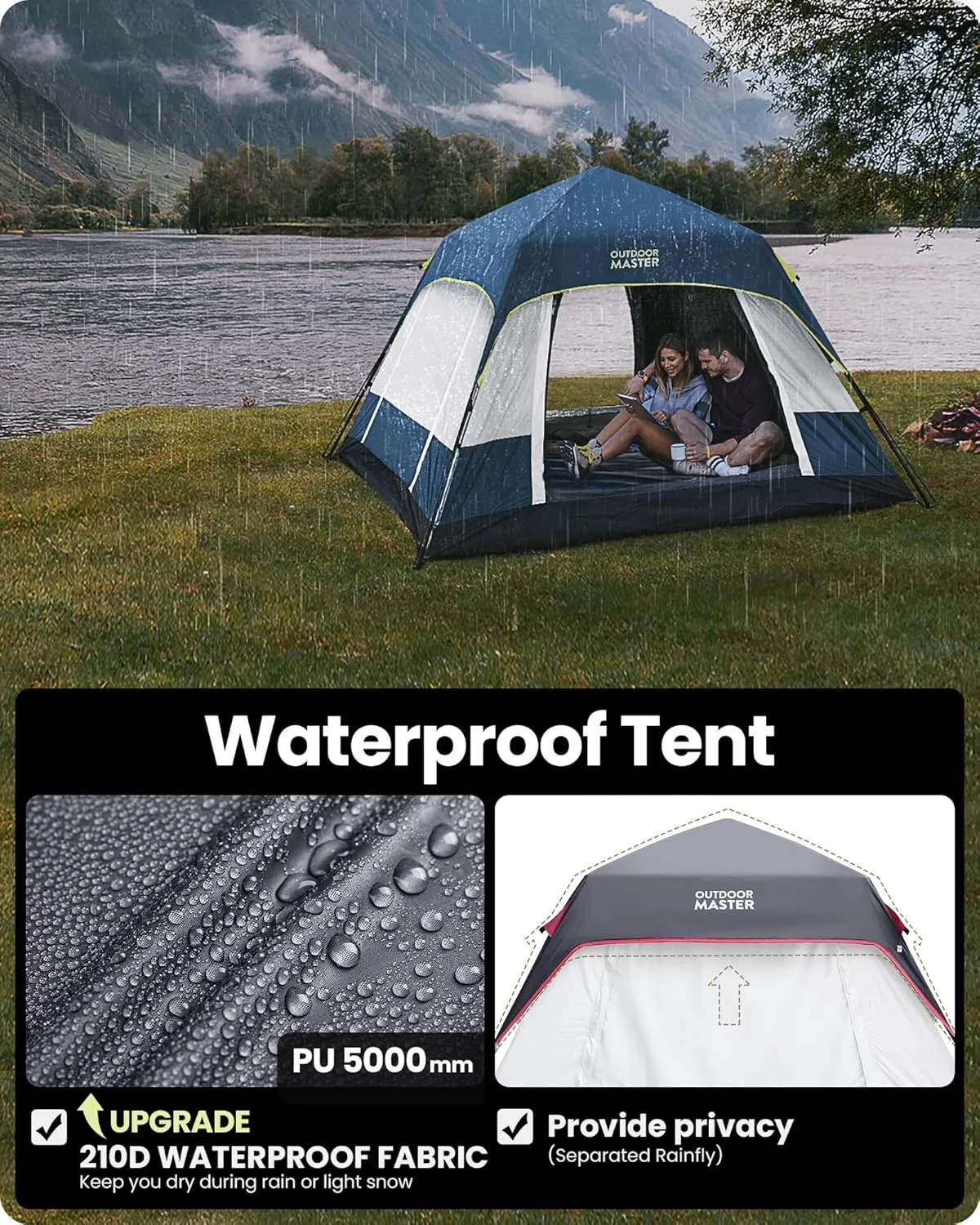 OutdoorMaster Camping Tents, 4/6 Person Camping Tent with Blackout Shelter Technology, Easy Setup in 60 Seconds, Weatherproof Pop Up Tent with Top Rainfly, Instant Cabin Tent