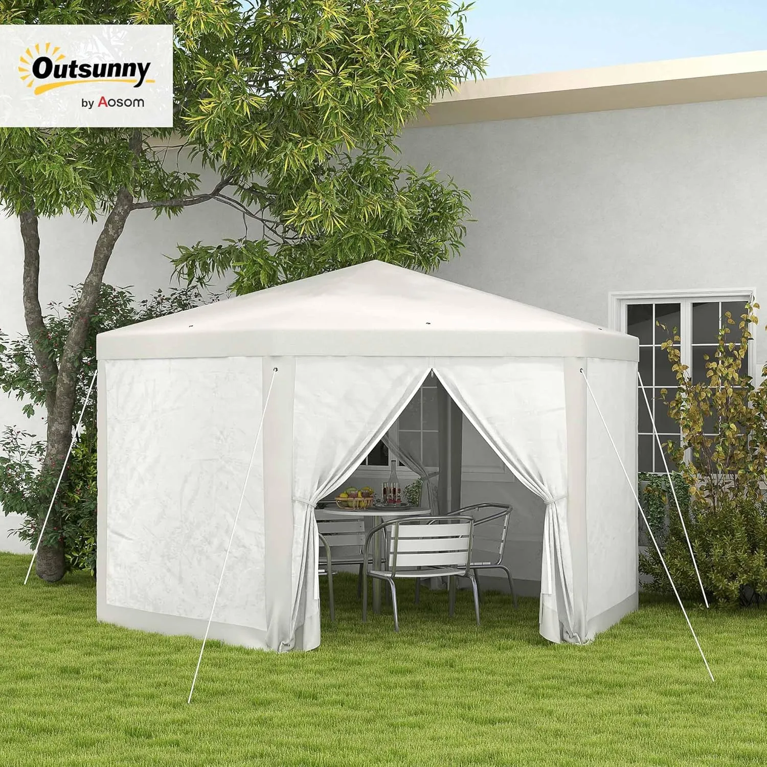 Outsunny 13' x 11' Outdoor Party Tent, Hexagon Sun Shade Shelter Canopy with Protective Mesh Screen Sidewalls, Ropes & Stakes, Cream White