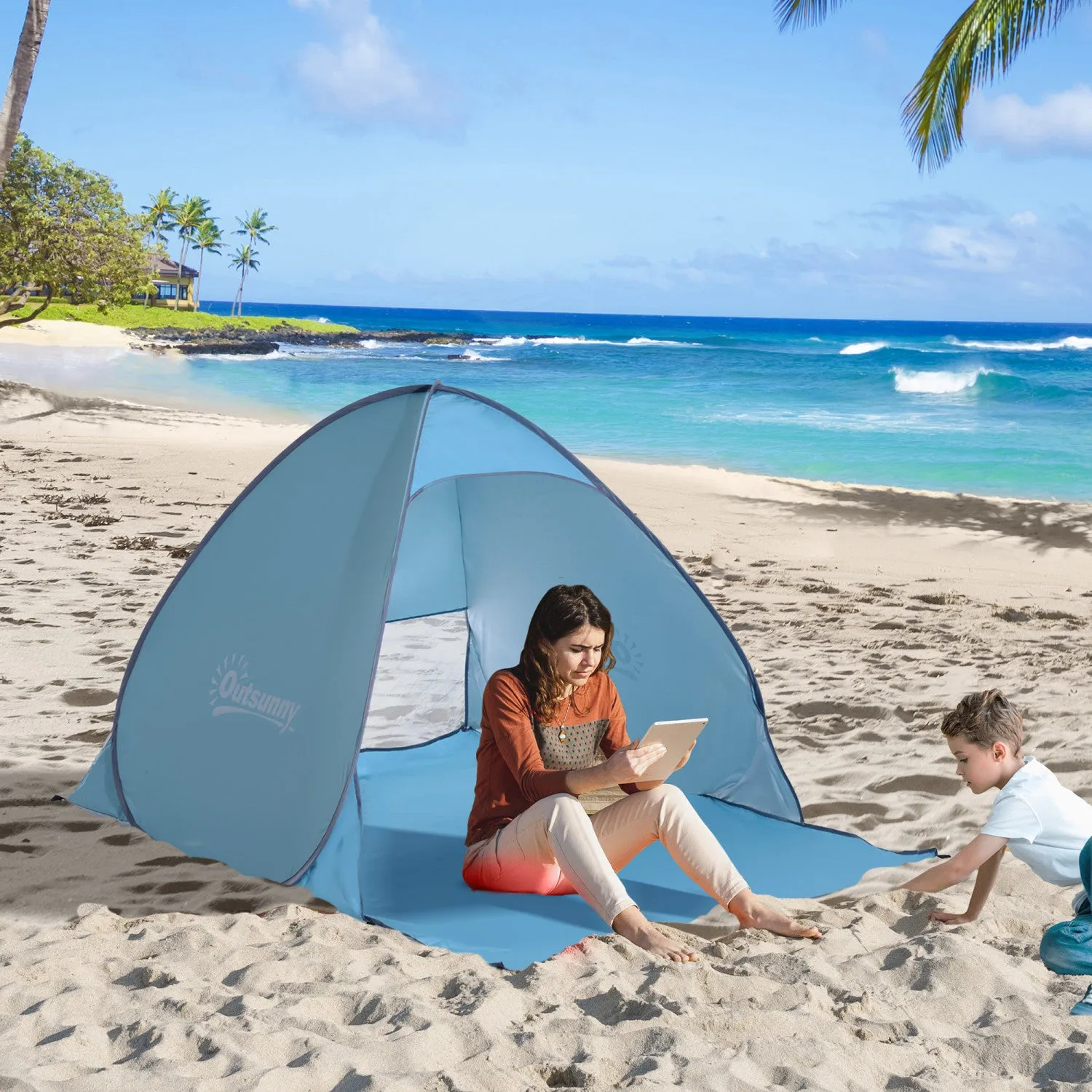 Outsunny Pop Up Beach Tent Portable Sun Shelter Uv Protection Outdoor Patio With Carry Case & Stakes|Abri De Plage Tente De Plage Pliable Pop-up Automatique Instantane Protection Uv Fenetre Arriere Gra