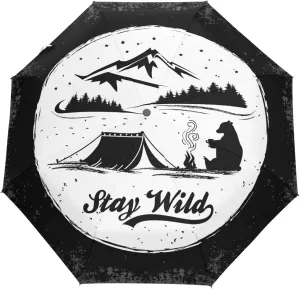 Oyihfvs Stay Wild Camp Tent Bear Mountains Auto Open/Close Folding Umbrella, Strong Lightweight Travel Rain Umbrella, Portable Automatic Compact Sun Parasol with UV Protection