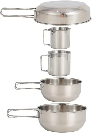 Pack of 5 Portable Stainless Steel Camping Cookware Pot Set, Includes Large Cooking Pot, Medium Cooking Pot, Frying Pot and 2 Mugs for Backpacking Hiking Traveling Outdoor Picnic Coffee Tea Cooking