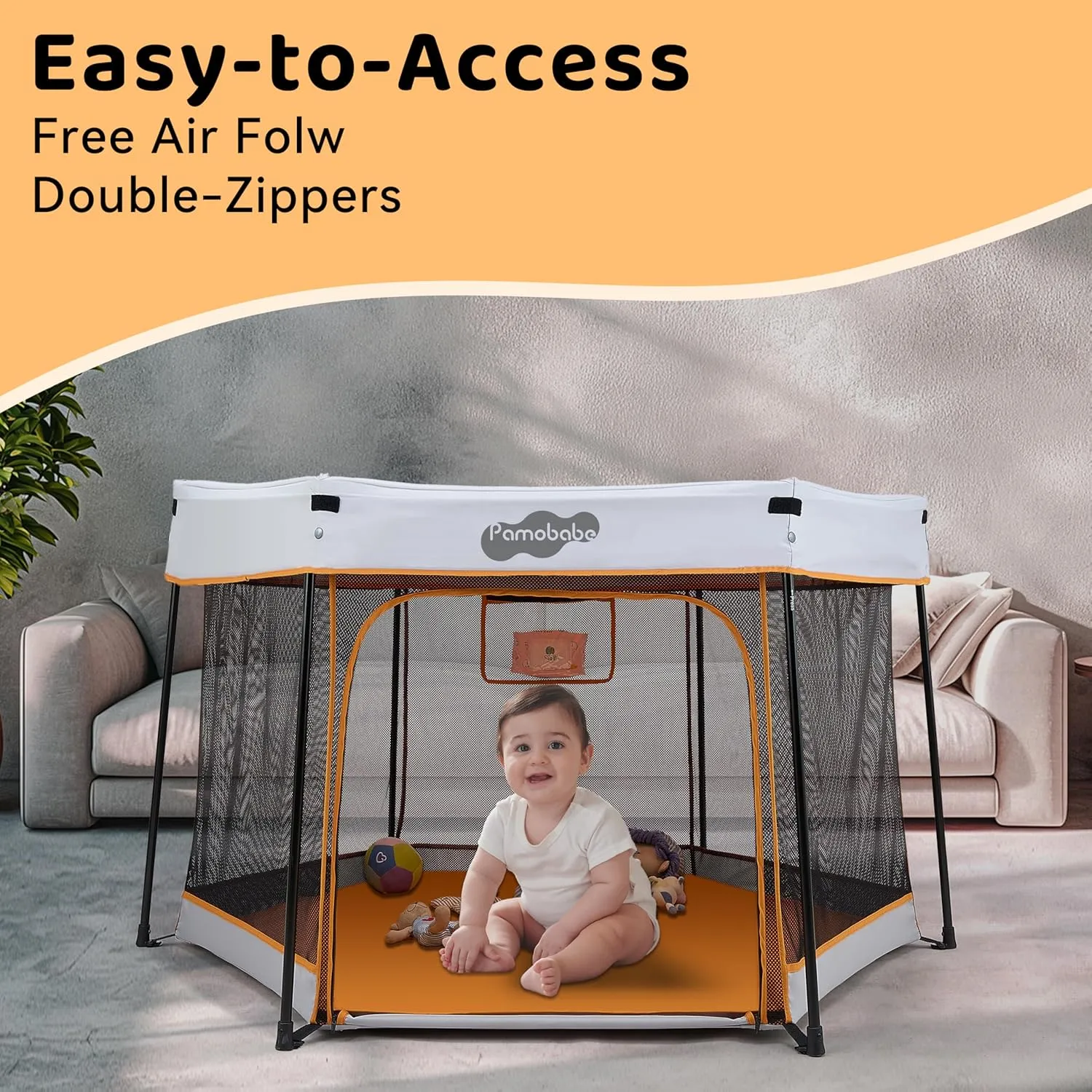 Pamo Babe Travel Playpen with Sun Protection Canopy - Play Yard for Babies and Toddlers - Baby Tent with Zipper Door