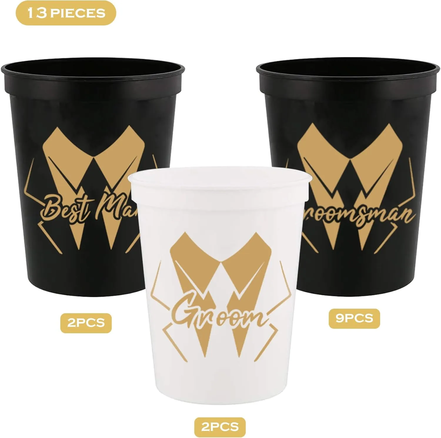 PartyGifts&beyond Bachelor Party Cups 13PCS Team Groomsman Plastic Cups Best Man Cup for Wedding(Gold)