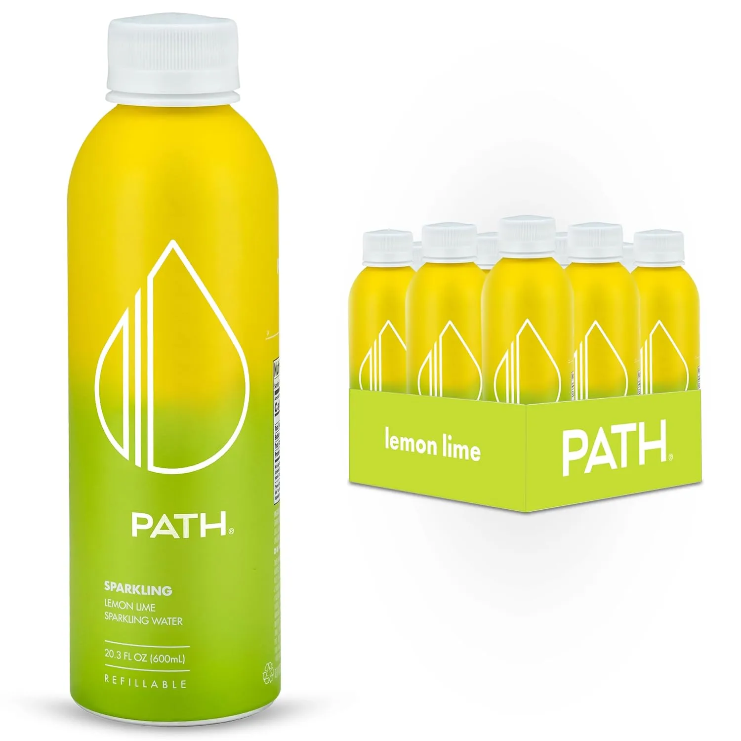 PATH Lemon Lime Flavored Sparkling Water - Ultra-Purified, pH-Balanced Carbonated Soda Water in Aluminum Water Bottle - BPA-Free, Light, Reusable, Infinitely Recyclable 20.3 fl oz (Pack of 12)