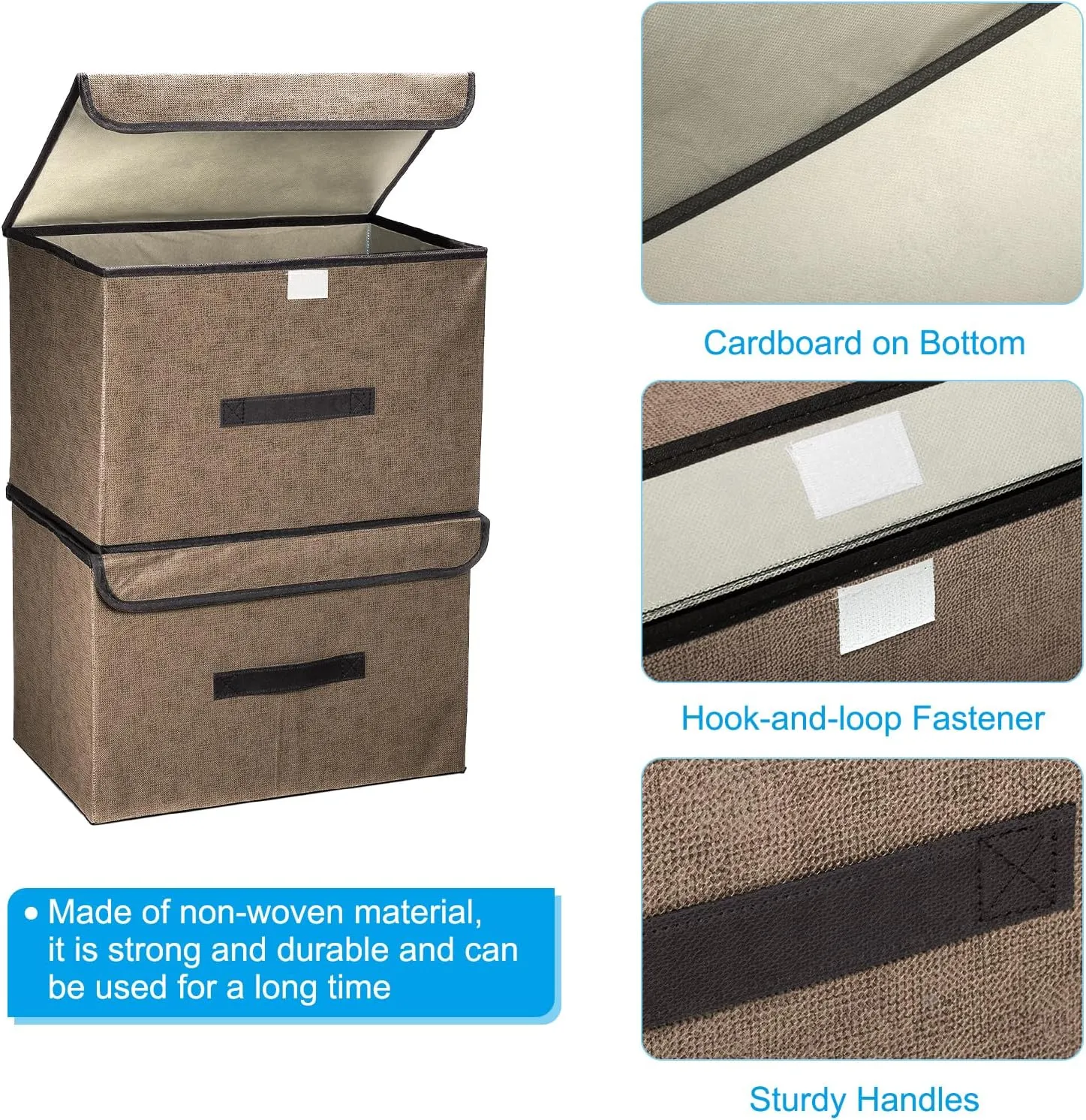 PATIKIL Fabric Collapsible Storage Bin 14.2 x 9.1 x 9.4 Inch, 2 Pcs Foldable Storage Box Cube with Lids and Handle Organizer Container for Home Bedroom Closet Clothes, Brown