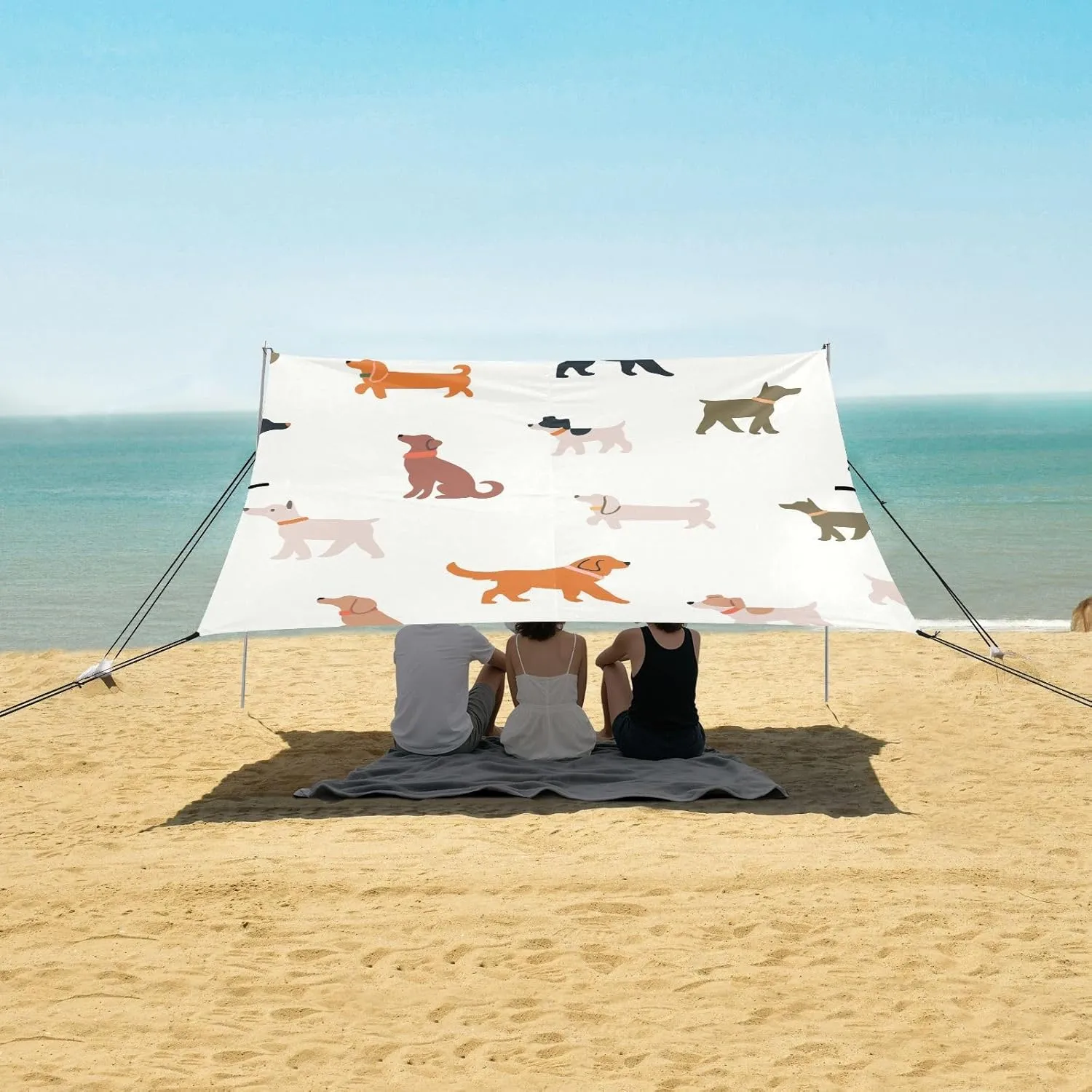 Pattern with Puppies Dogs Beach Canopy Tent Anti-UV & Wind Resistant, Camping Sun Shelter Easy Setup Portable,Outdoor Shade Tents with Sandbags,Sand Shovels,Ground Pegs & Stability Poles