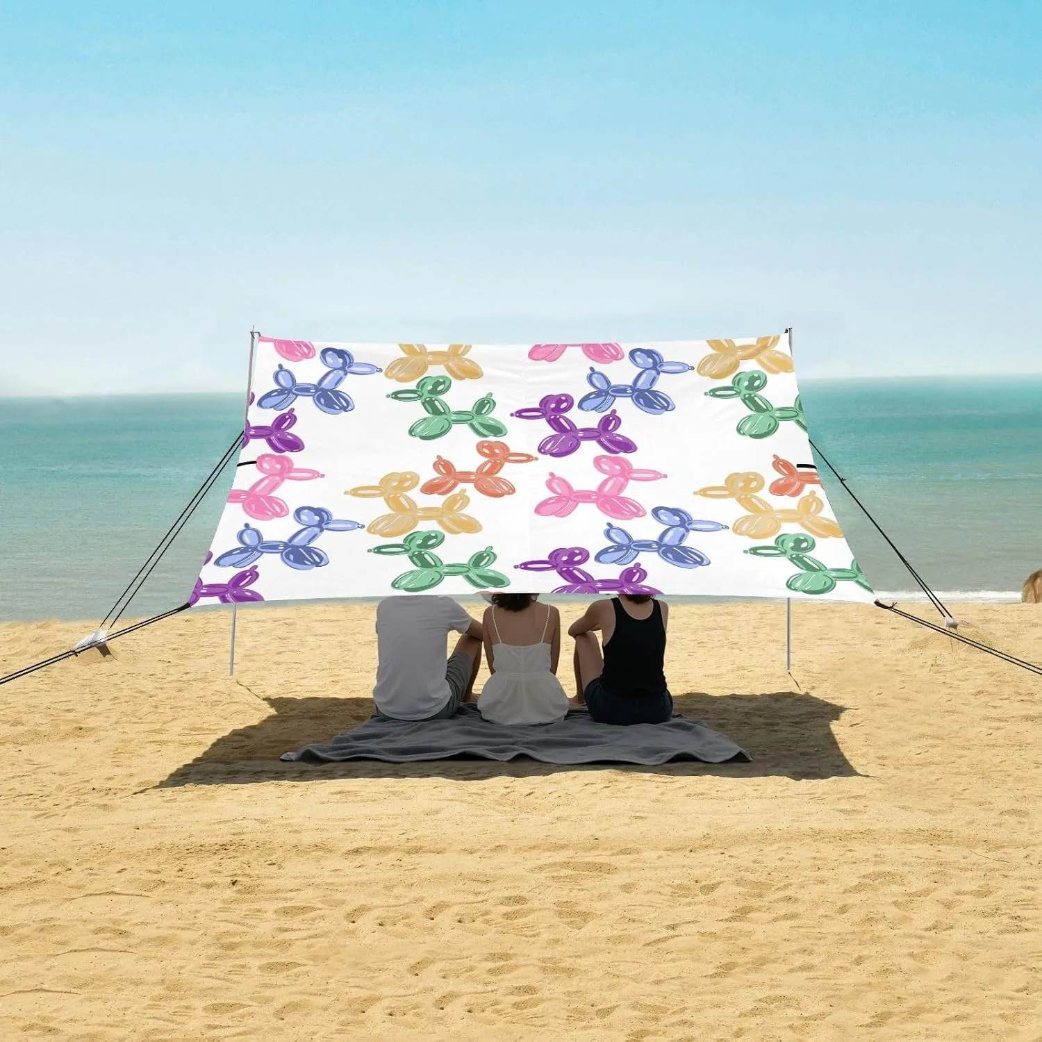 Patterned Dog Balloon Beach Canopy Tent Anti-UV & Wind Resistant, Camping Sun Shelter Easy Setup Portable,Outdoor Shade Tents with Sandbags,Sand Shovels,Ground Pegs & Stability Poles