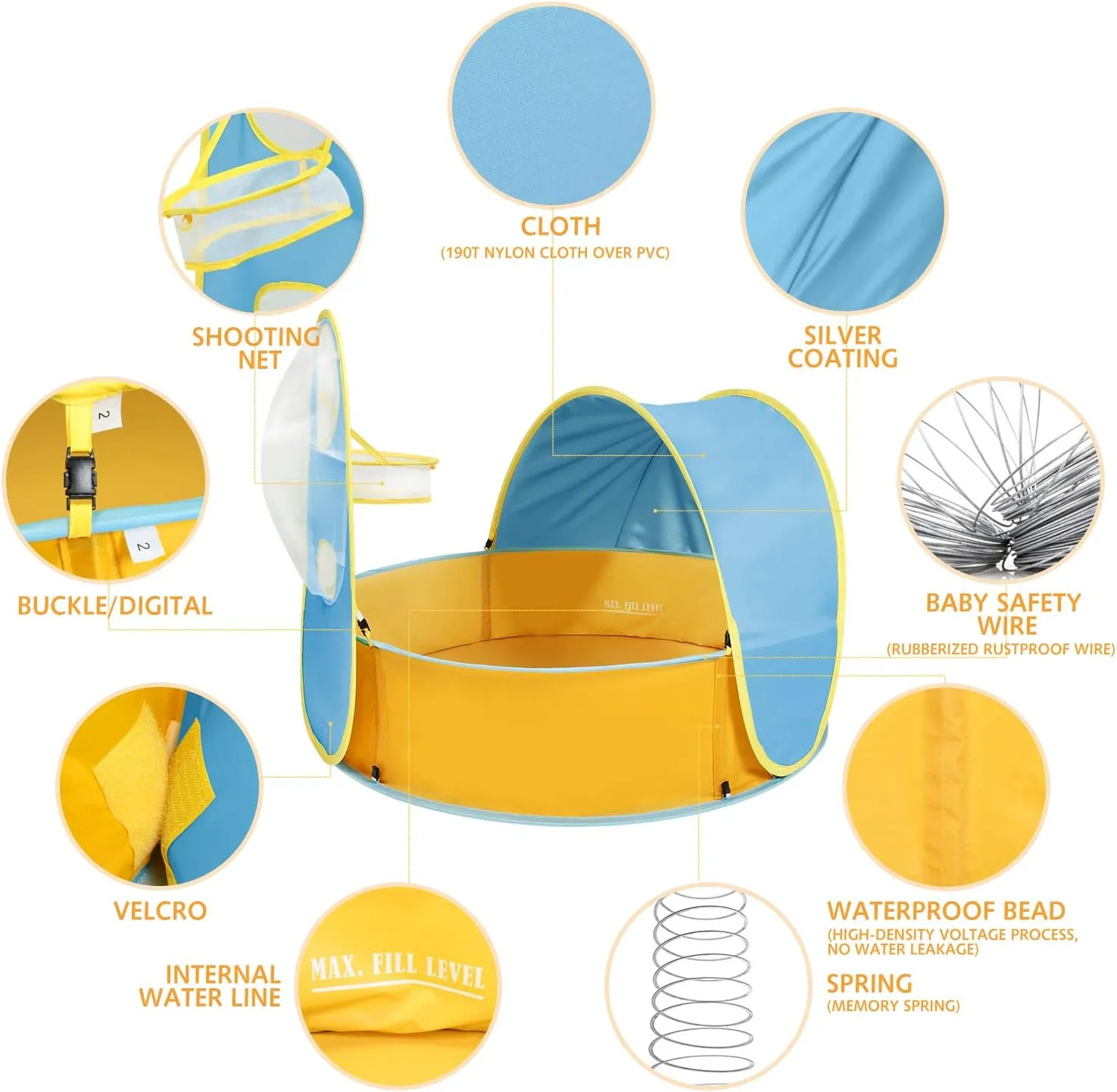 Peradix Paddling Pool for Kids & Pets, Kids Ball Pit Tent 3 in 1, Pop Up Wading Pool Tent with UV Protection Sunshade Canopy Basketball Hoop, Portable Beach Backyard Toys for Indoor Outdoor Activity