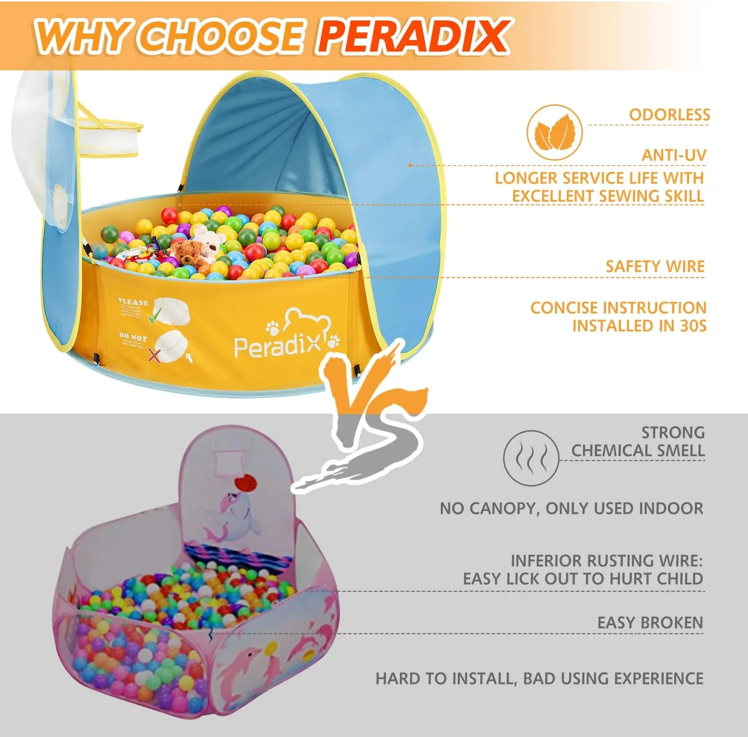 Peradix Paddling Pool for Kids & Pets, Kids Ball Pit Tent 3 in 1, Pop Up Wading Pool Tent with UV Protection Sunshade Canopy Basketball Hoop, Portable Beach Backyard Toys for Indoor Outdoor Activity