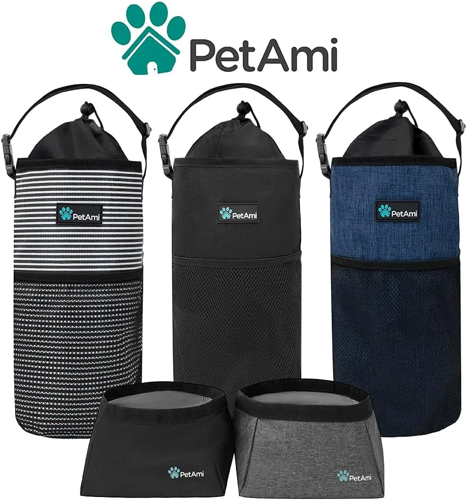 PetAmi Dog Food Travel Bag | Kibble Carrier for Dogs with Collapsible Dog Water Bowls Kit | Pet Food Travel Container Storage for Camping, Hiking Gear Accessories (Black, Grey)