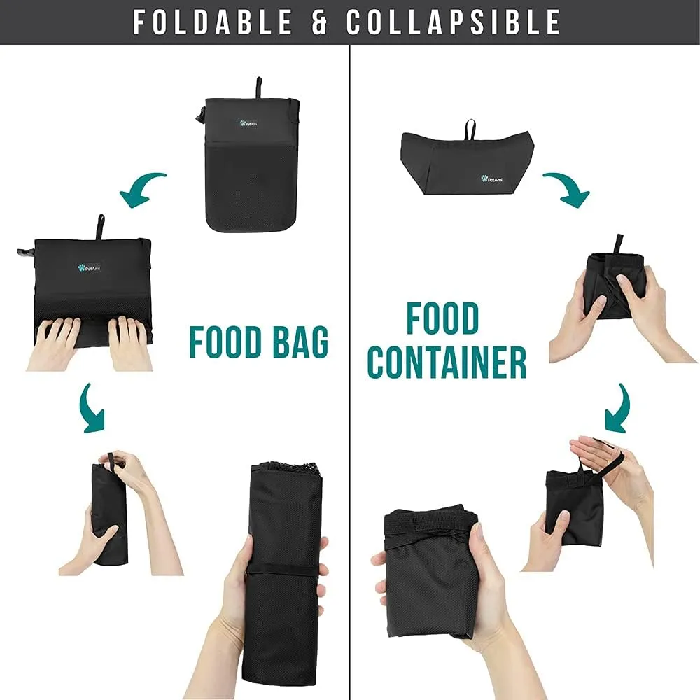 PetAmi Dog Food Travel Bag | Kibble Carrier for Dogs with Collapsible Dog Water Bowls Kit | Pet Food Travel Container Storage for Camping, Hiking Gear Accessories (Black, Grey)