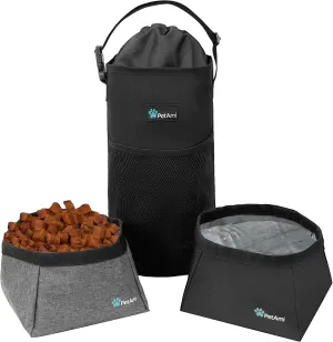 PetAmi Dog Food Travel Bag | Kibble Carrier for Dogs with Collapsible Dog Water Bowls Kit | Pet Food Travel Container Storage for Camping, Hiking Gear Accessories (Black, Grey)